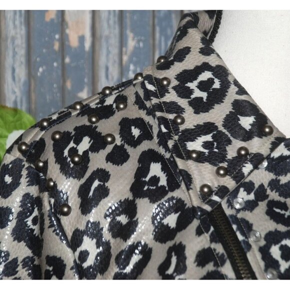NWT Crazy Train Leopard Print Moto Jacket Size M Zip Up Studded Vegan Leather - Picture 6 of 12